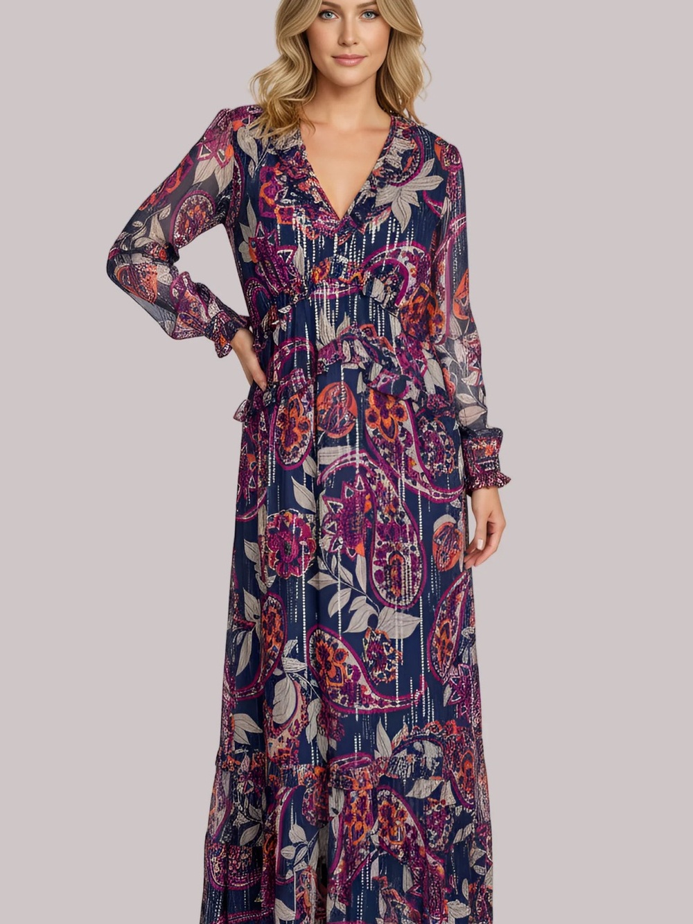 La Plage Mallory Long Sleeve Maxi Dress in Lurex Chiffon Navy and Purple Paisley